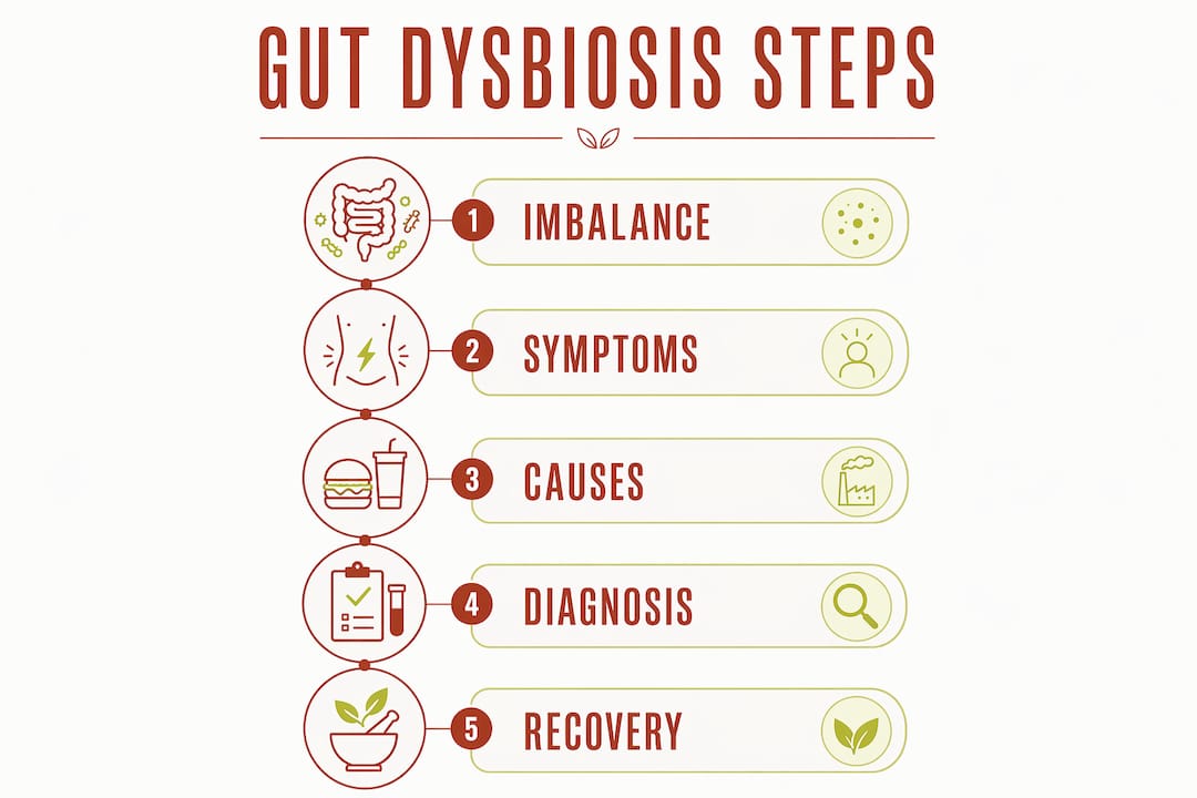 Infographic illustrating key steps of gut dysbiosis