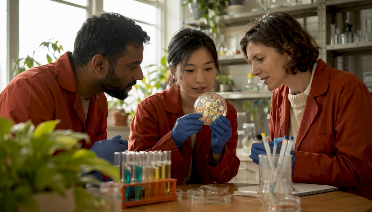 Hands holding petri dish with gut bacteria colonies