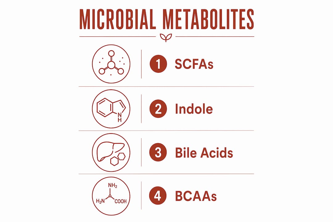 Infographic illustrating key microbial metabolites linked to insulin regulation