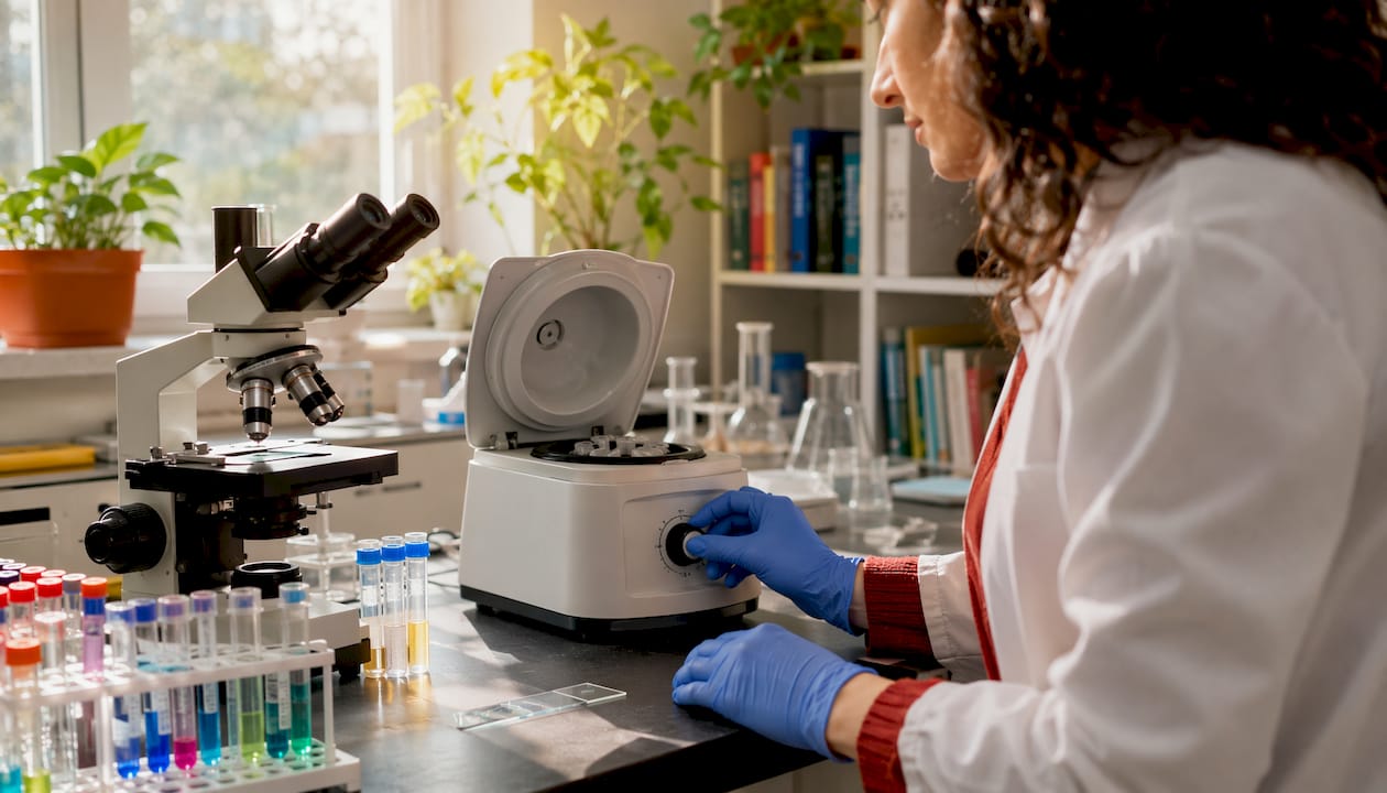 Close-up of redox biology lab bench with hands