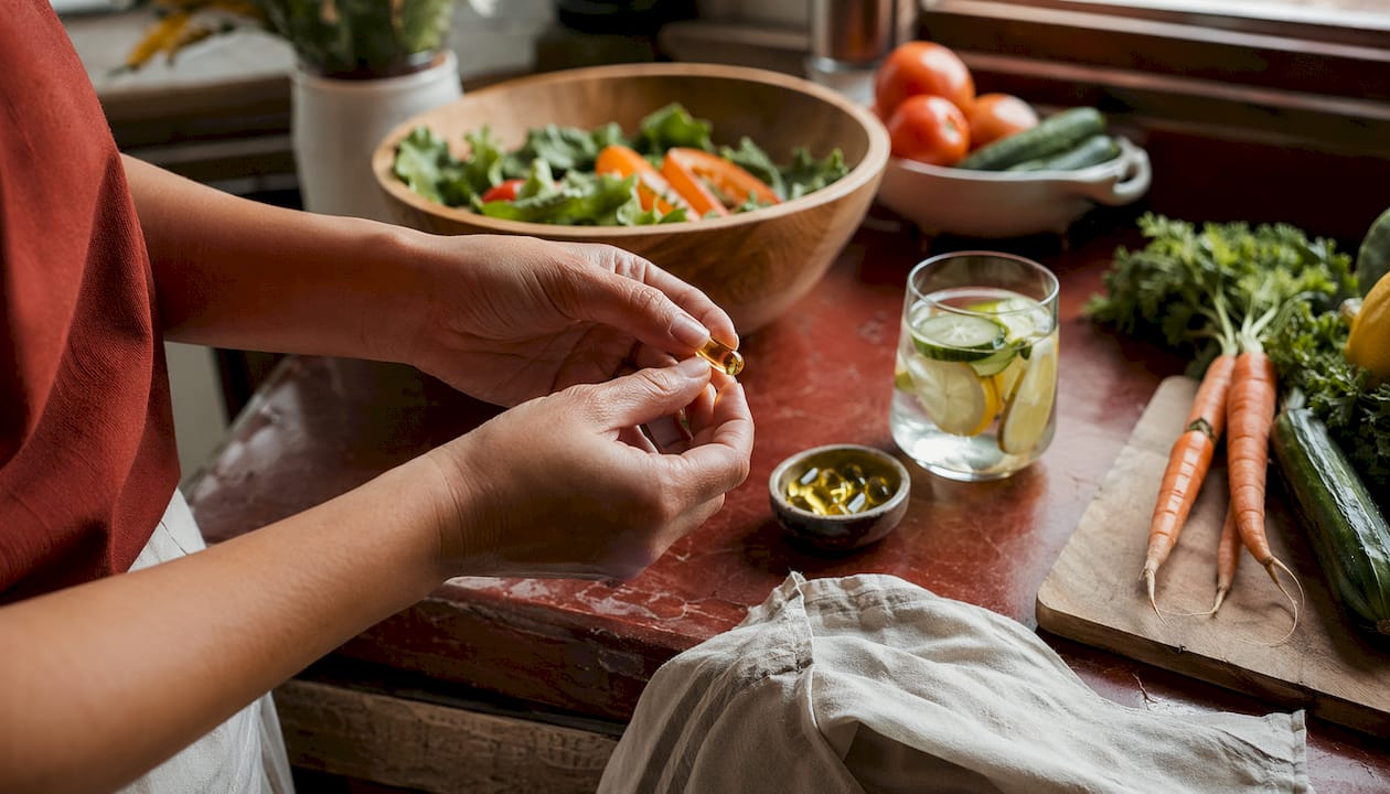 Close-up of hands holding fish oil capsule over meal