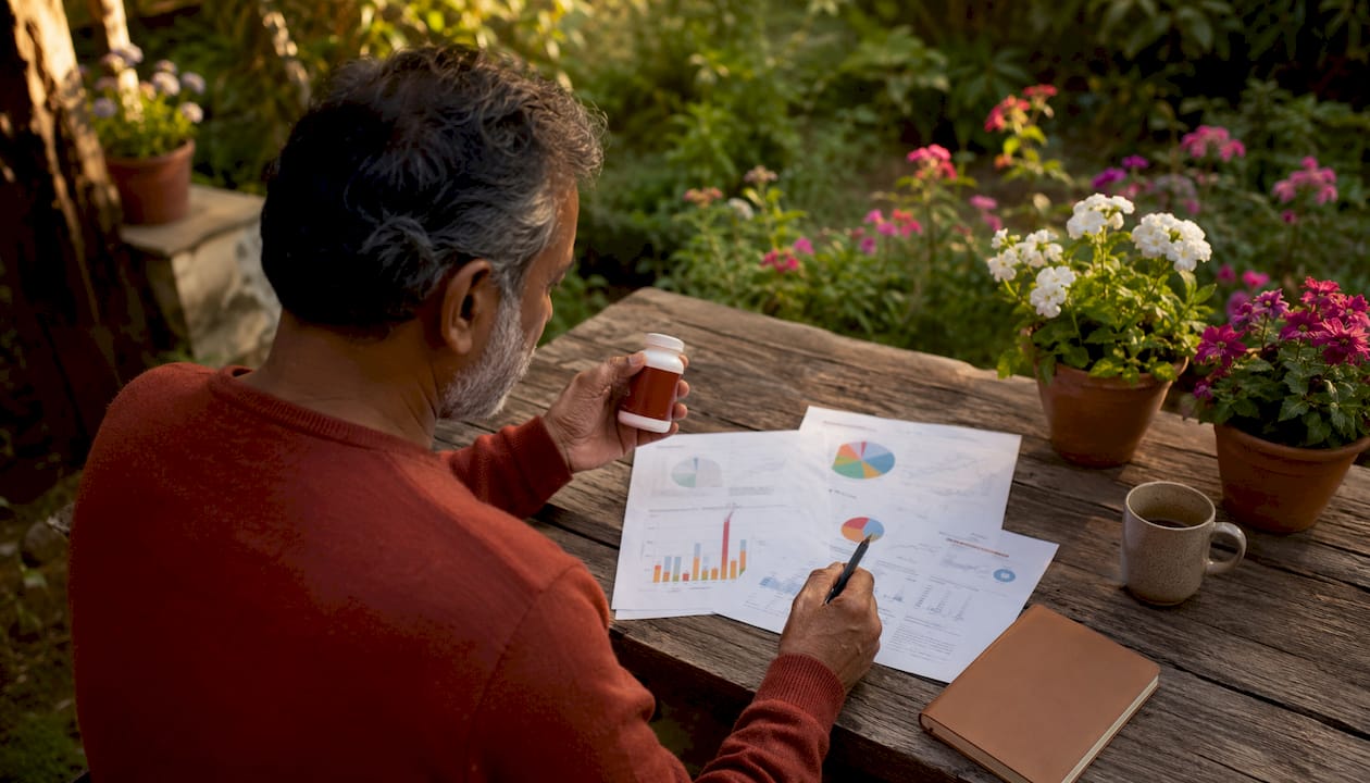 Man reviewing supplement charts holding CoQ10 bottle