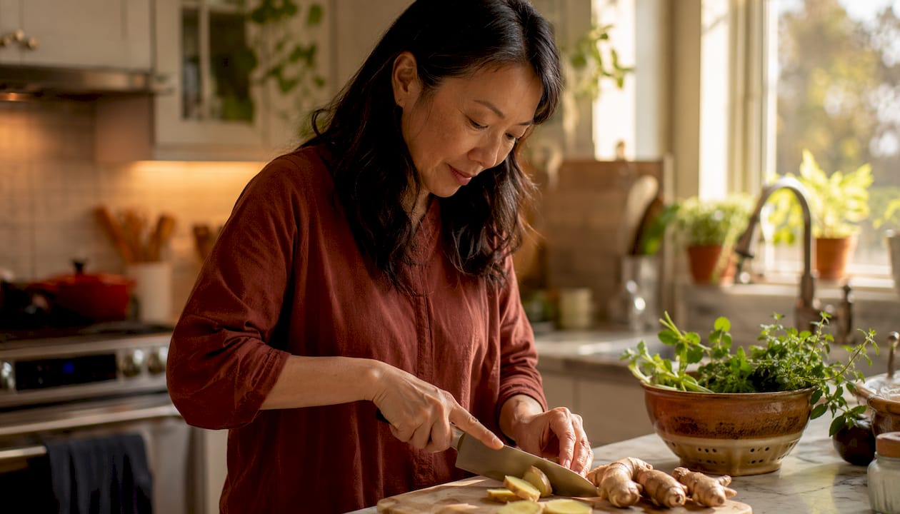 Hands peeling fresh ginger root at kitchen table