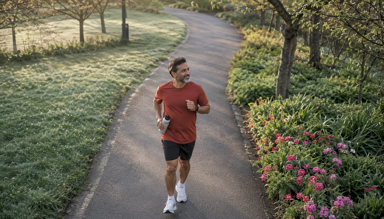 Man walking briskly in park exercising
