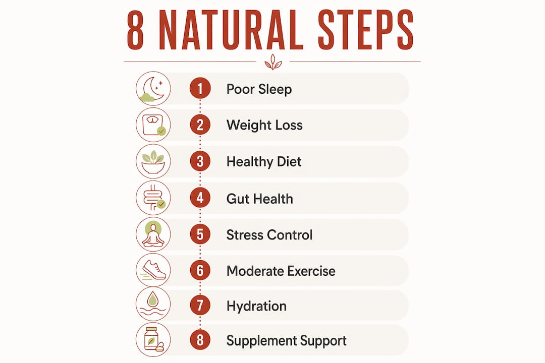 Infographic showing 8 natural steps to reduce inflammation
