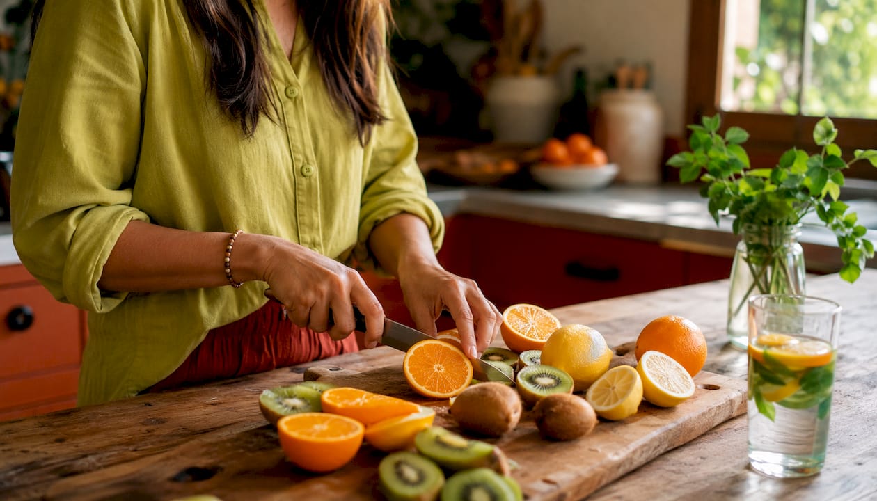 Nutritionist arranging vitamin C supplements and oranges