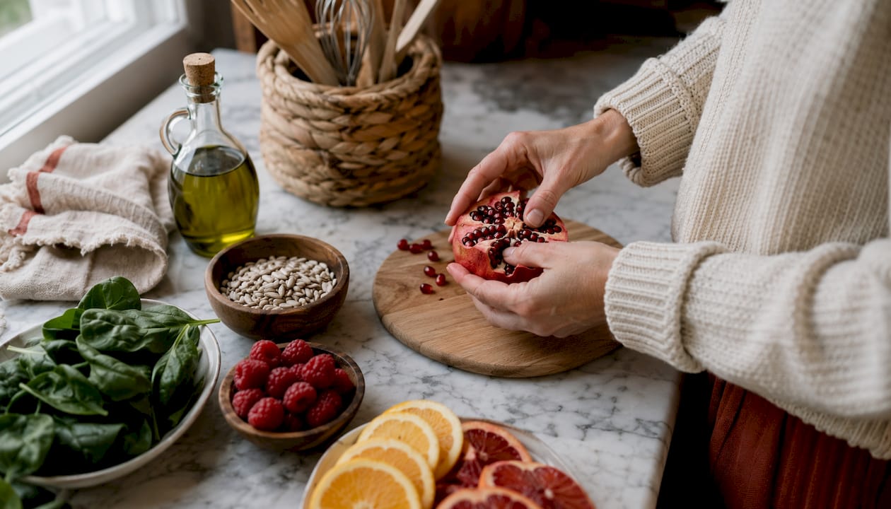 Hands preparing antioxidant-rich natural foods