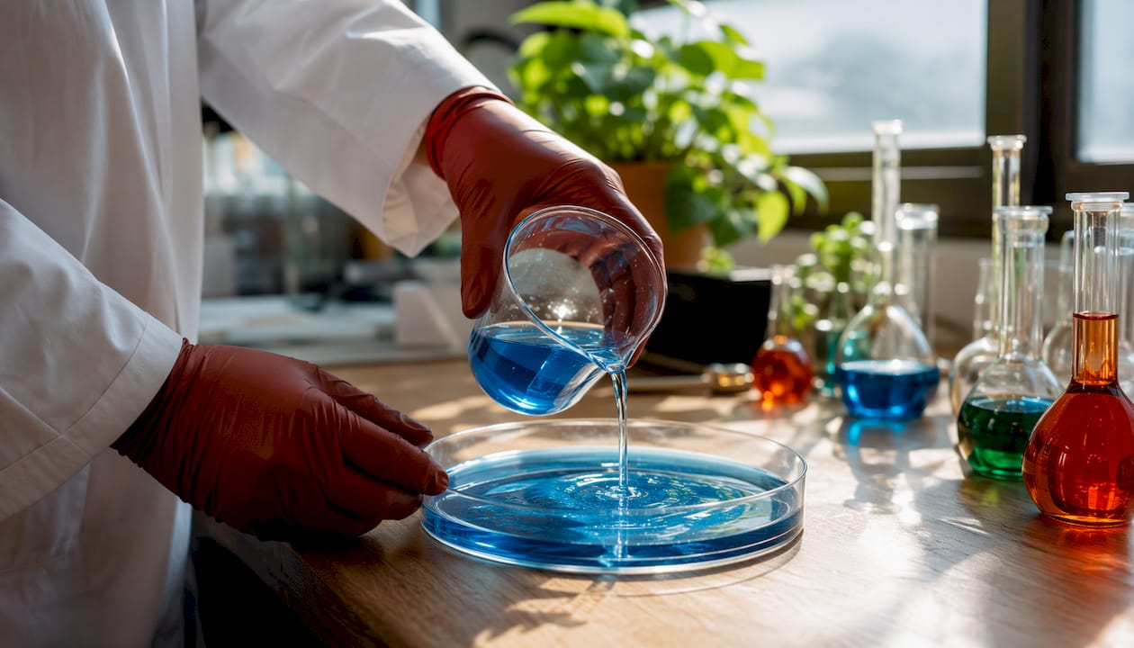 Gloved hands handling molecular lab equipment