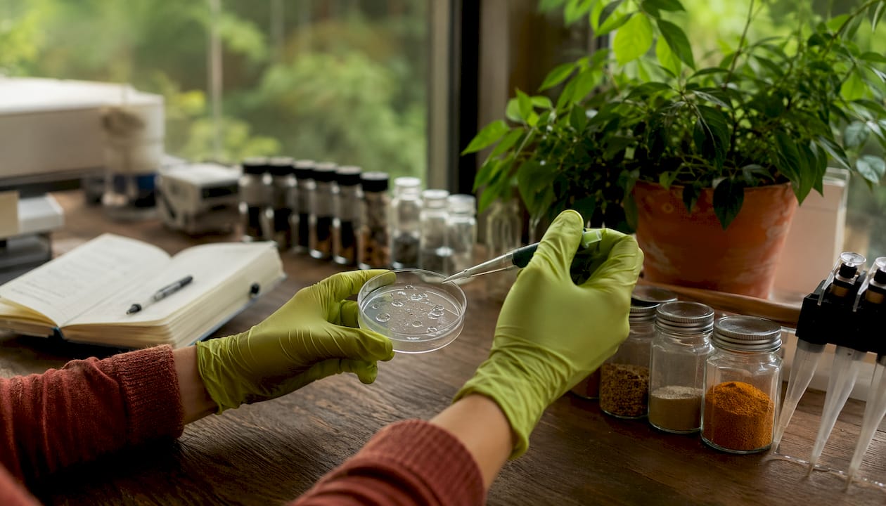 Hands holding petri dish with immune cells