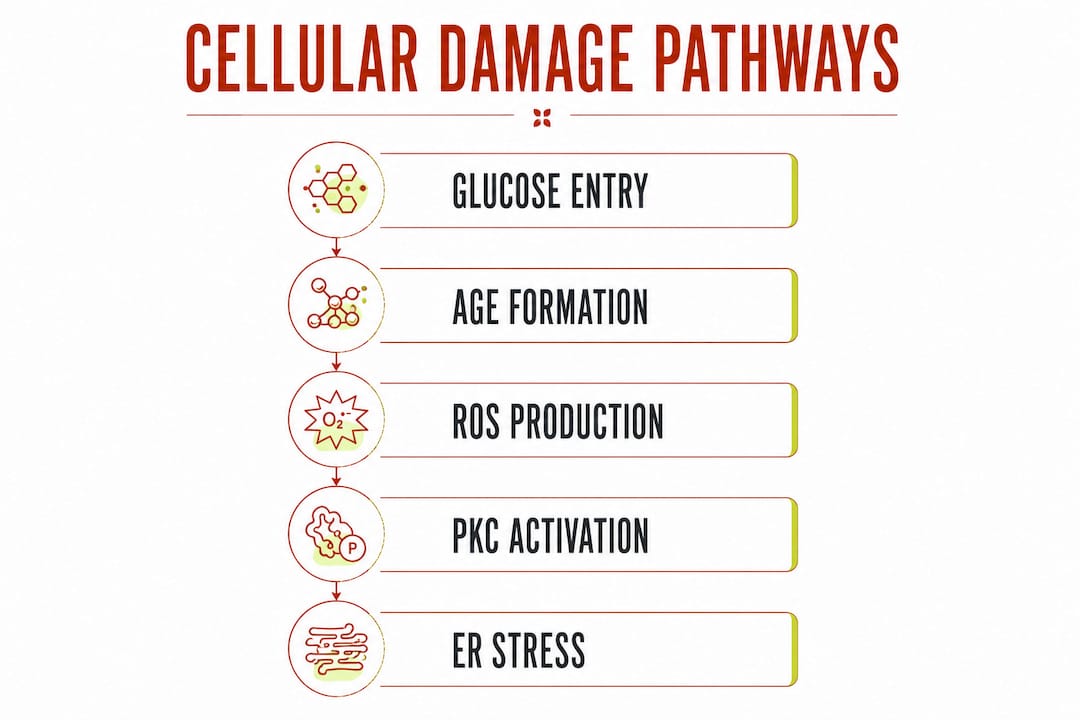 Infographic showing cellular damage pathways from high blood sugar