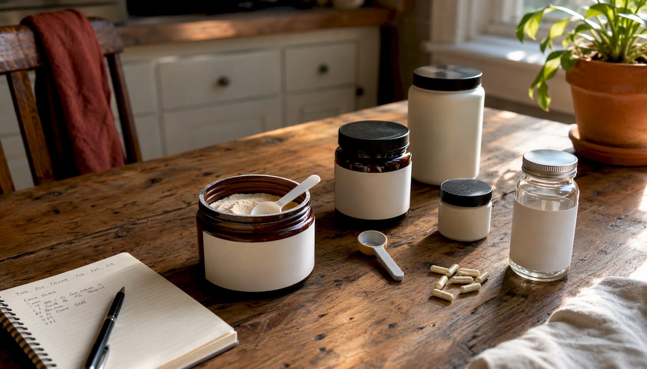 Varied prebiotic supplement containers and dosing tools on table