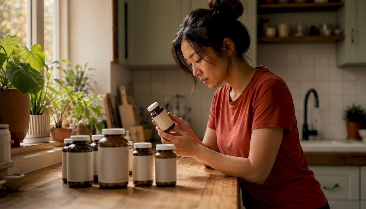 Woman browsing probiotic supplements in pharmacy aisle