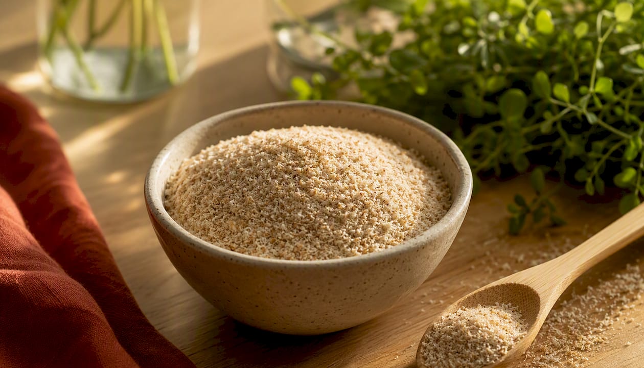 Bowl with psyllium husk powder and spoon
