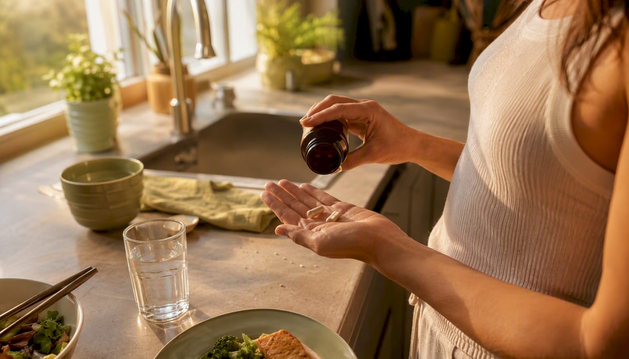 Hand holding digestive enzyme capsules before eating