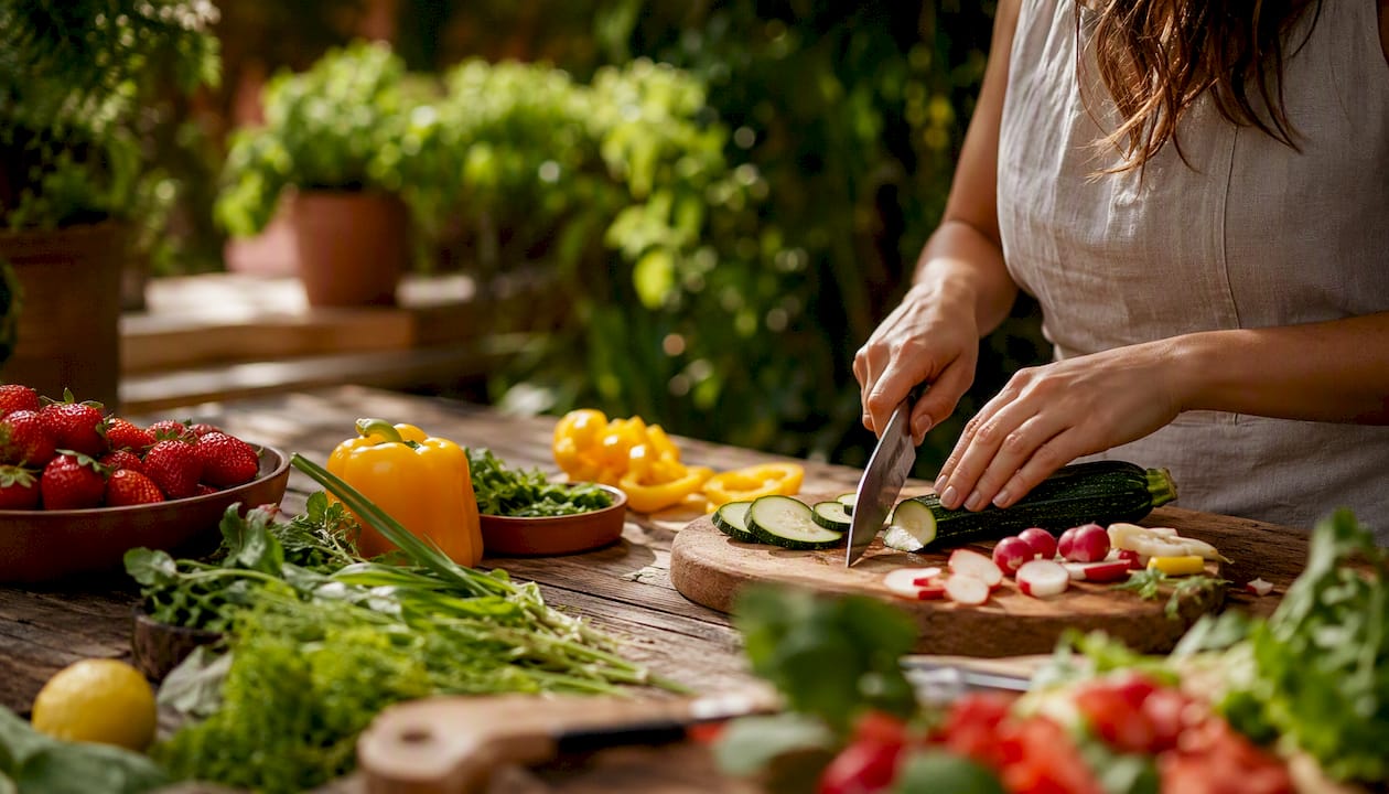 Hands preparing colorful gut-friendly vegetables