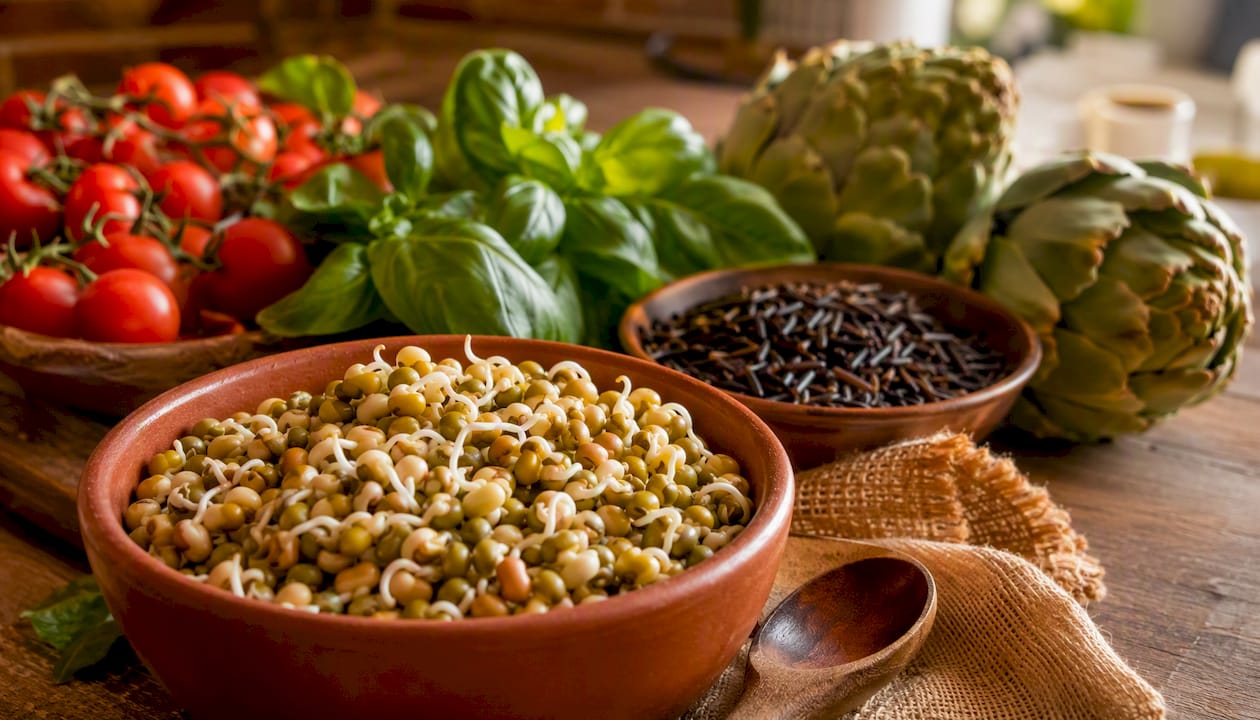 Whole fiber-rich plant foods on kitchen counter