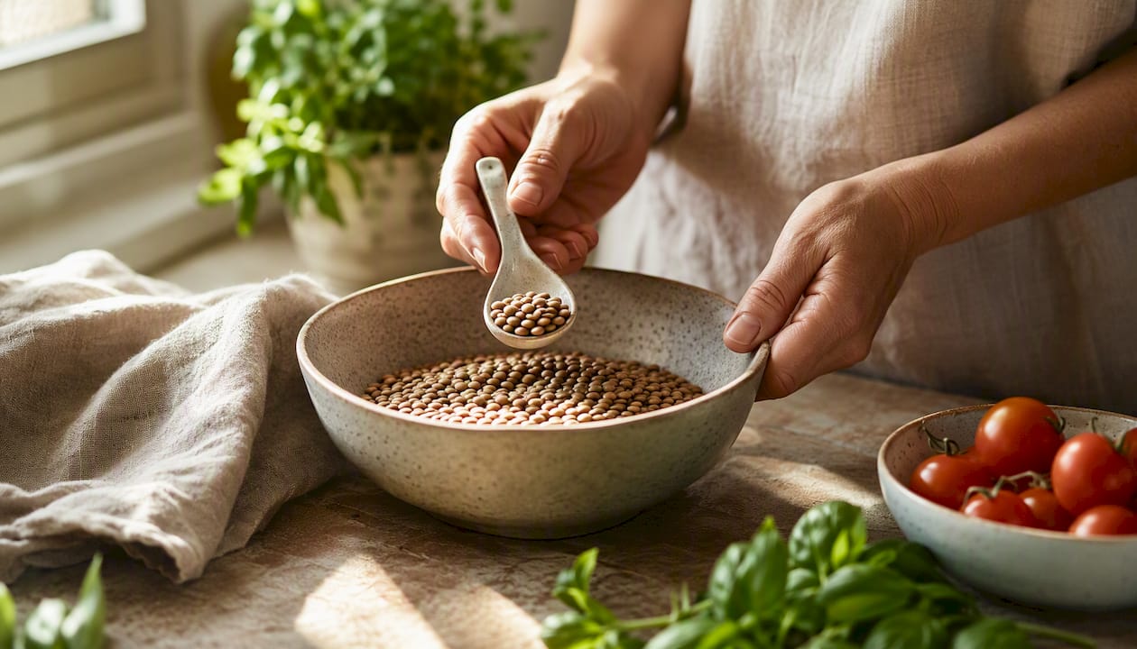 Hands spooning lentils into bowl