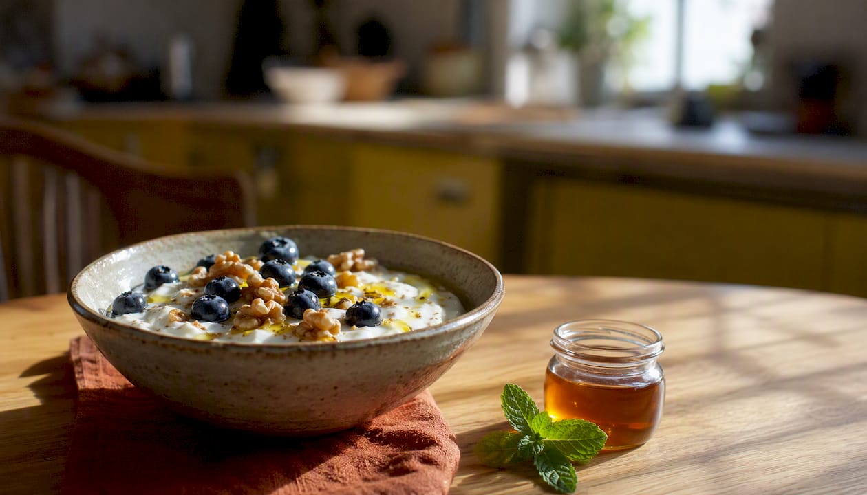Healthy anti-inflammatory breakfast bowl with yogurt and nuts