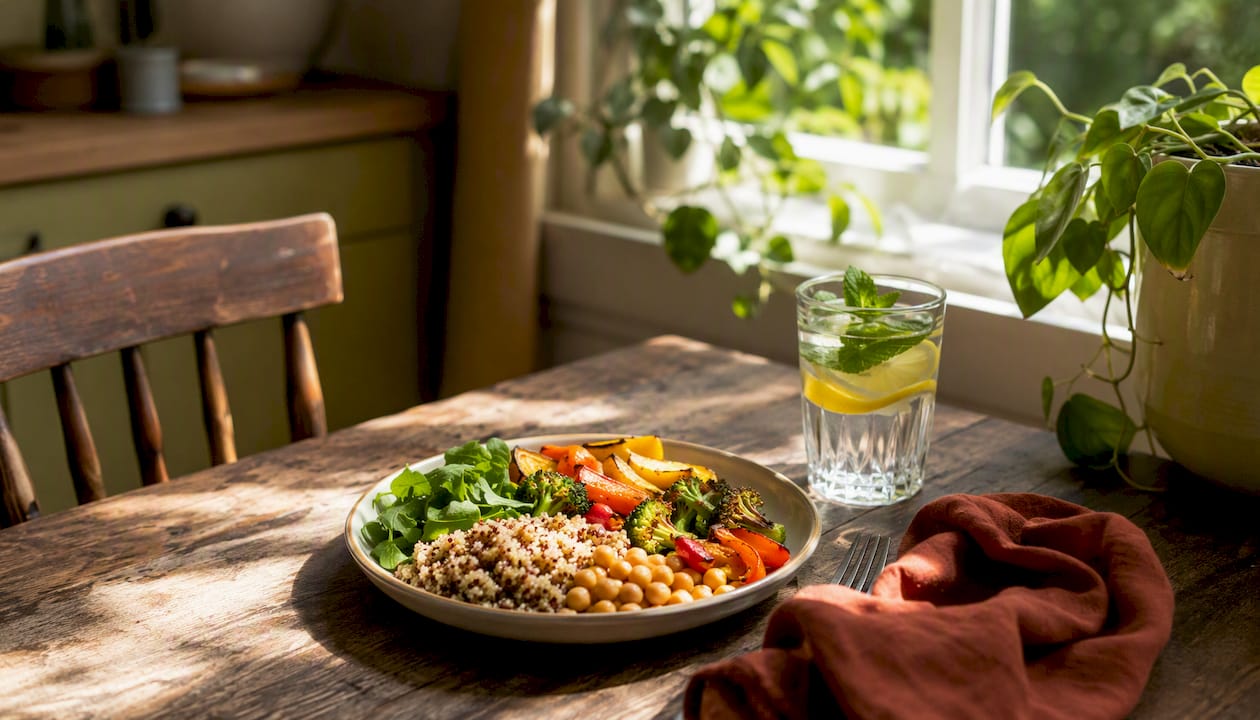 Protein-rich meal with water on table