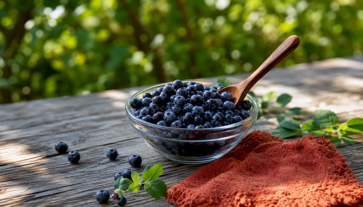 Cup of fresh wild lowbush blueberries overhead