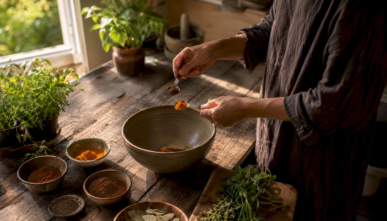Measuring spices cloves turmeric cinnamon