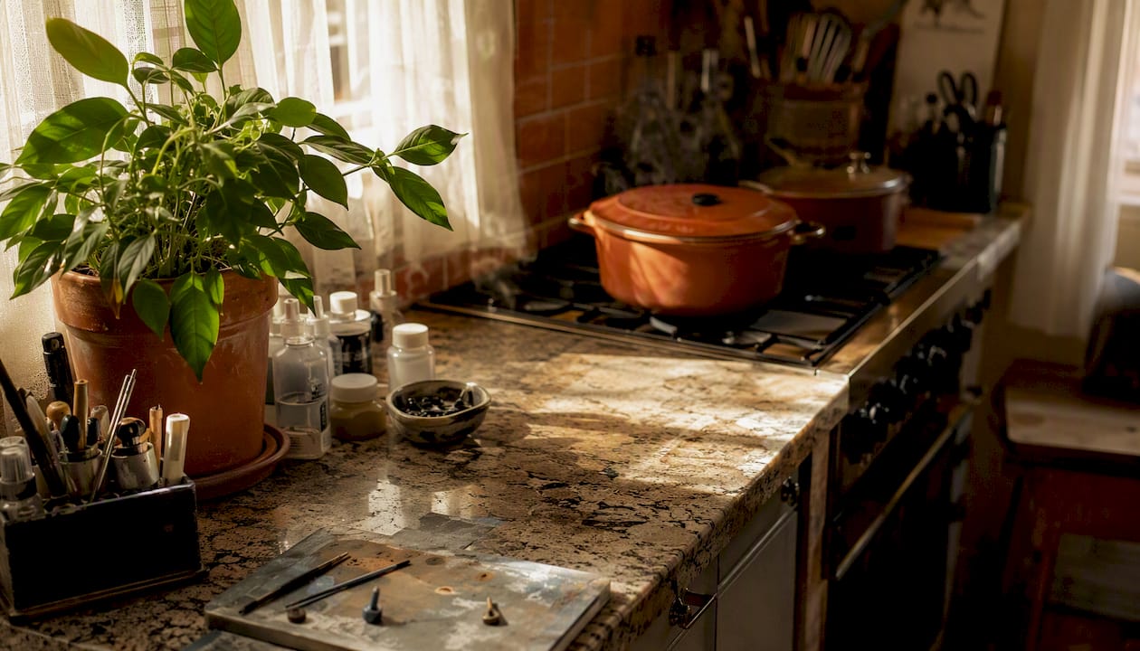 Kitchen stove with cooking fumes and hobby solvent bottles