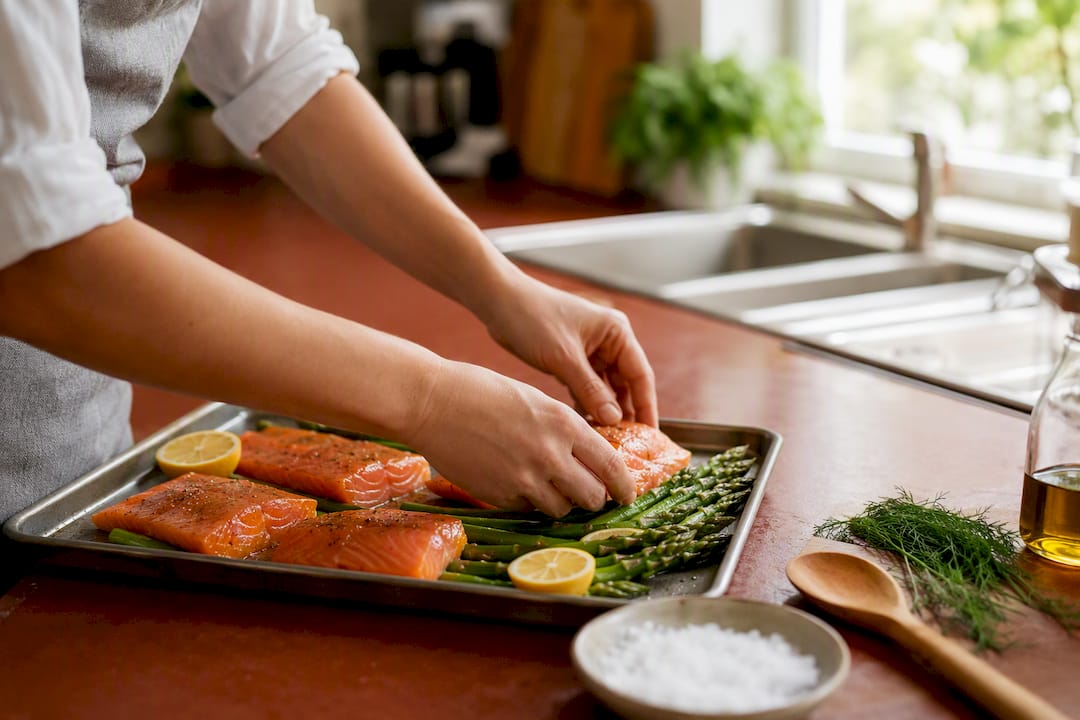 Hands preparing salmon and broccoli sheet-pan meal