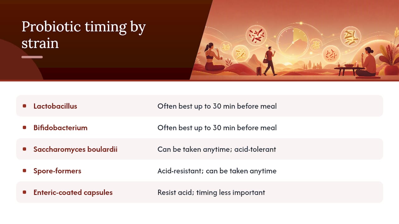 Diagram comparing probiotic strains timing and food interaction
