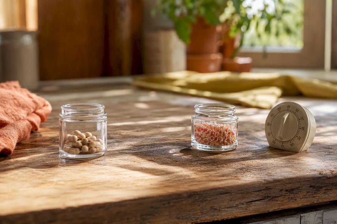 Probiotic capsules and pills spaced apart on kitchen counter