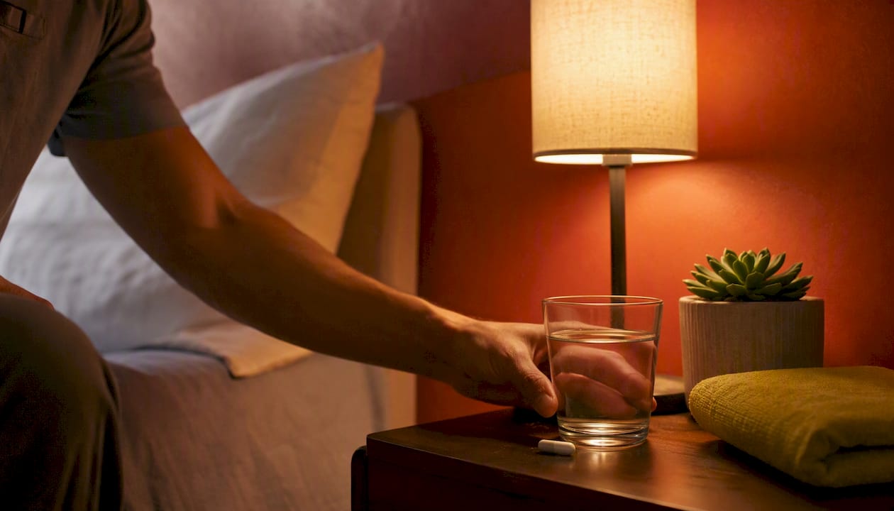 Hand placing probiotic capsule and water at nightstand