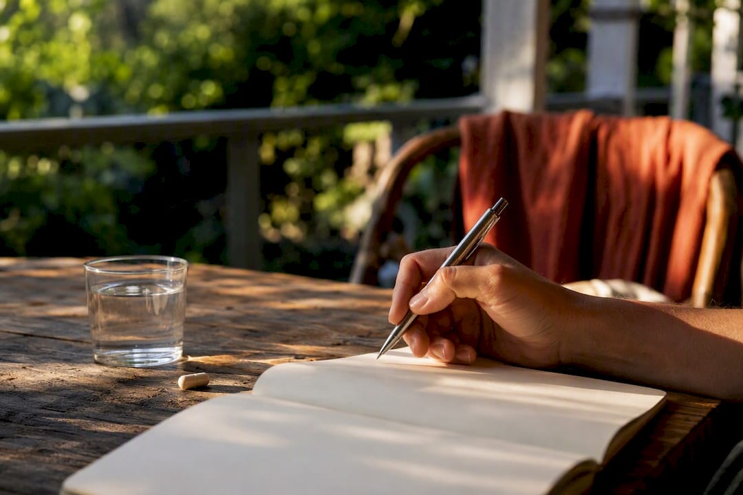 Hand holding pen near probiotic capsule and notebook