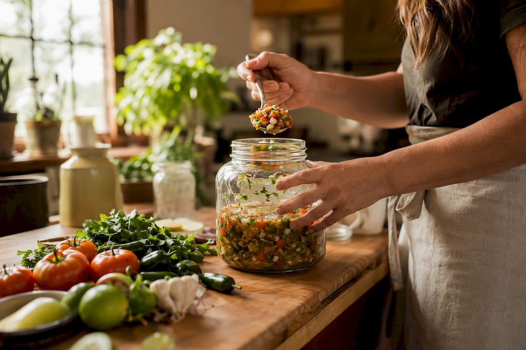 Hand stirring fermenting vegetables in jar