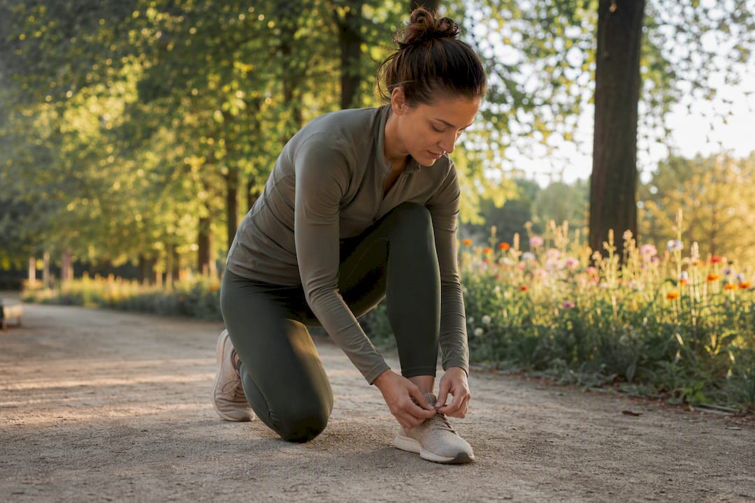 Person tying running shoes on trail