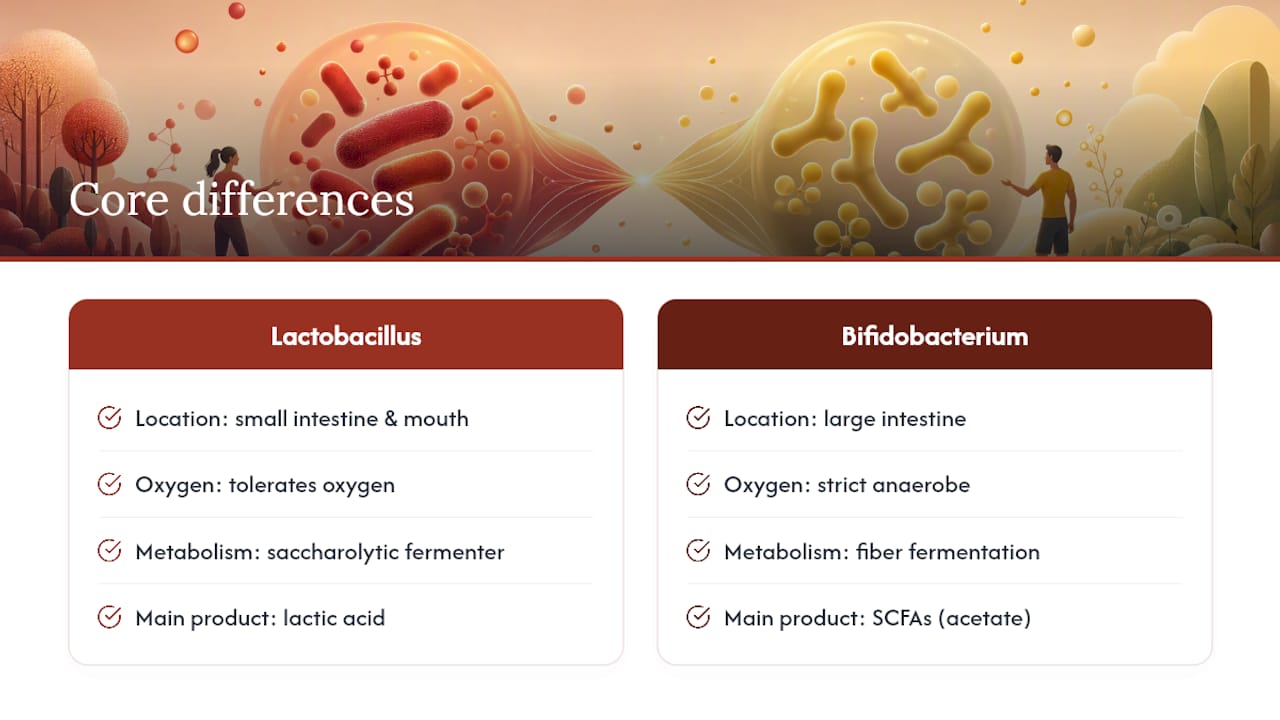Diagram comparing Lactobacillus and Bifidobacterium functions