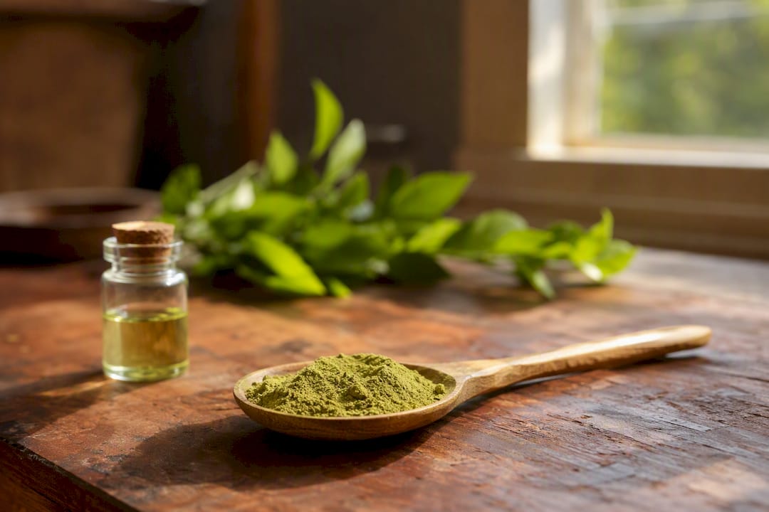 Spoon with green tea extract powder and leaves