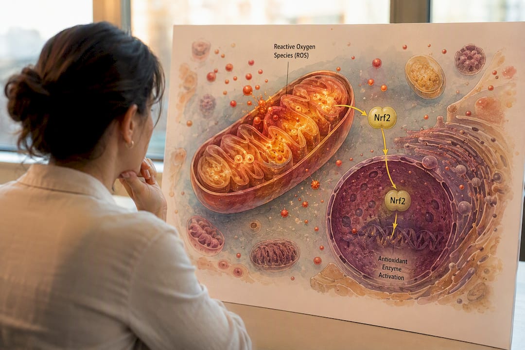 Illustration of mitochondria activating antioxidant genes
