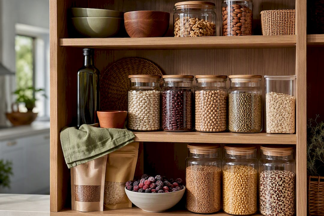 Mediterranean pantry staples arranged on shelves