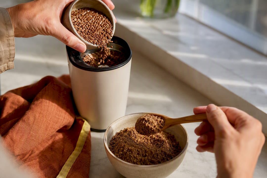 Flaxseed being freshly ground in a kitchen
