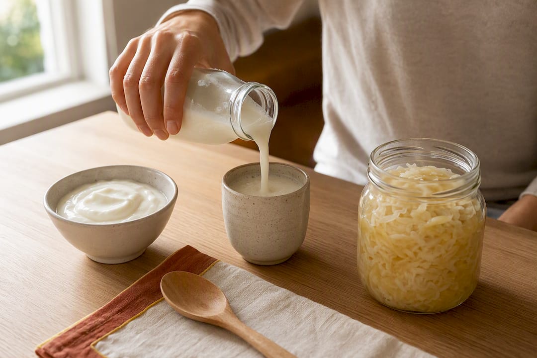 Kefir yogurt and sauerkraut on counter