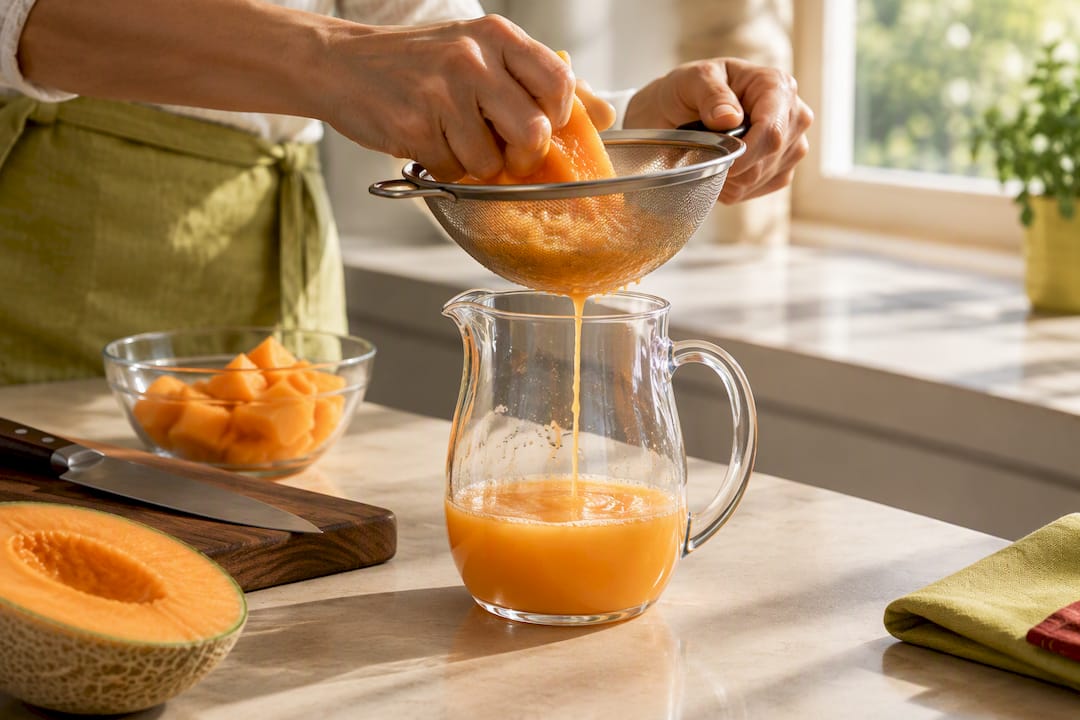 Fresh cantaloupe being strained into juice