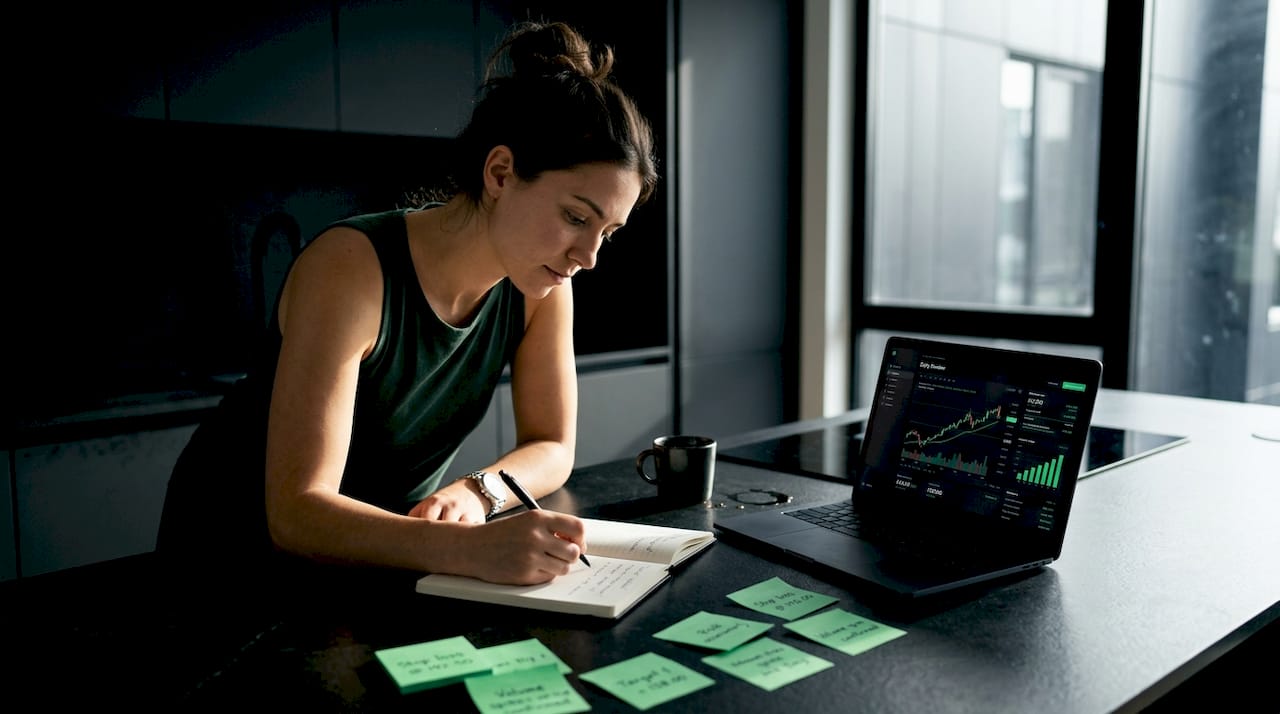 Female trader journaling daily review at kitchen table