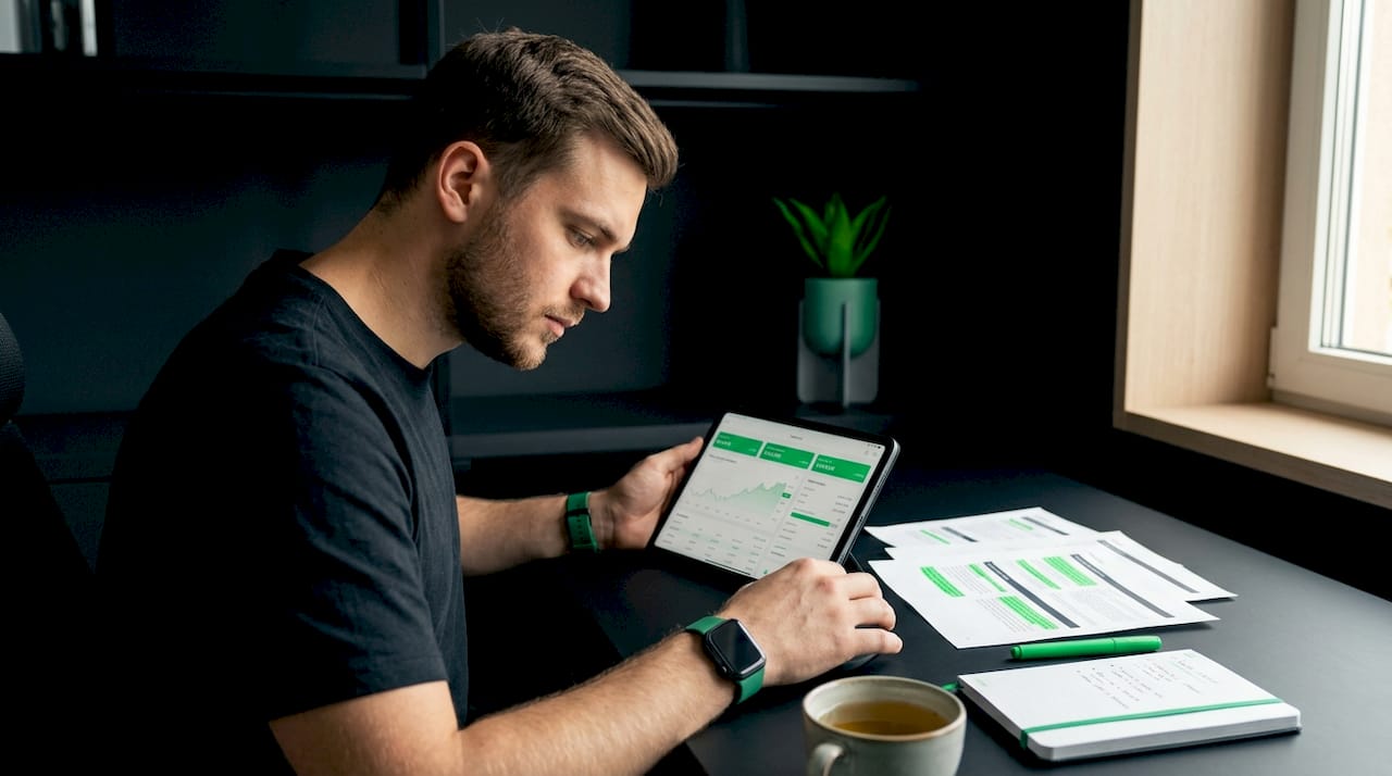 Trader reviewing losses at kitchen table