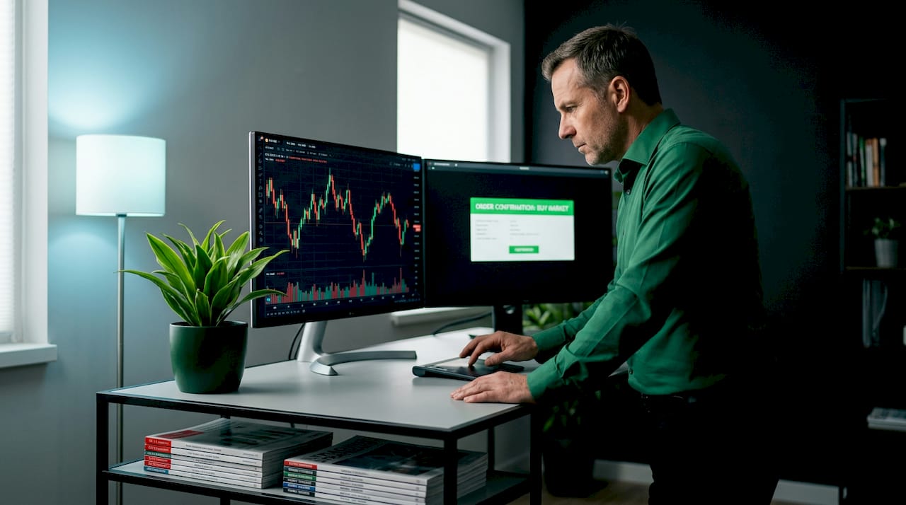 Kereskedő megbízásokat hajt végre kettős monitoroknál