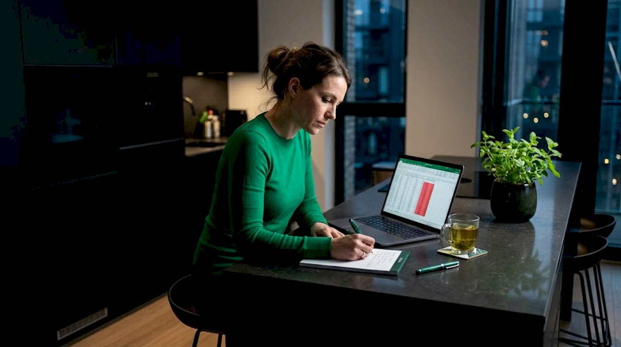 Trader calculating losses at kitchen table