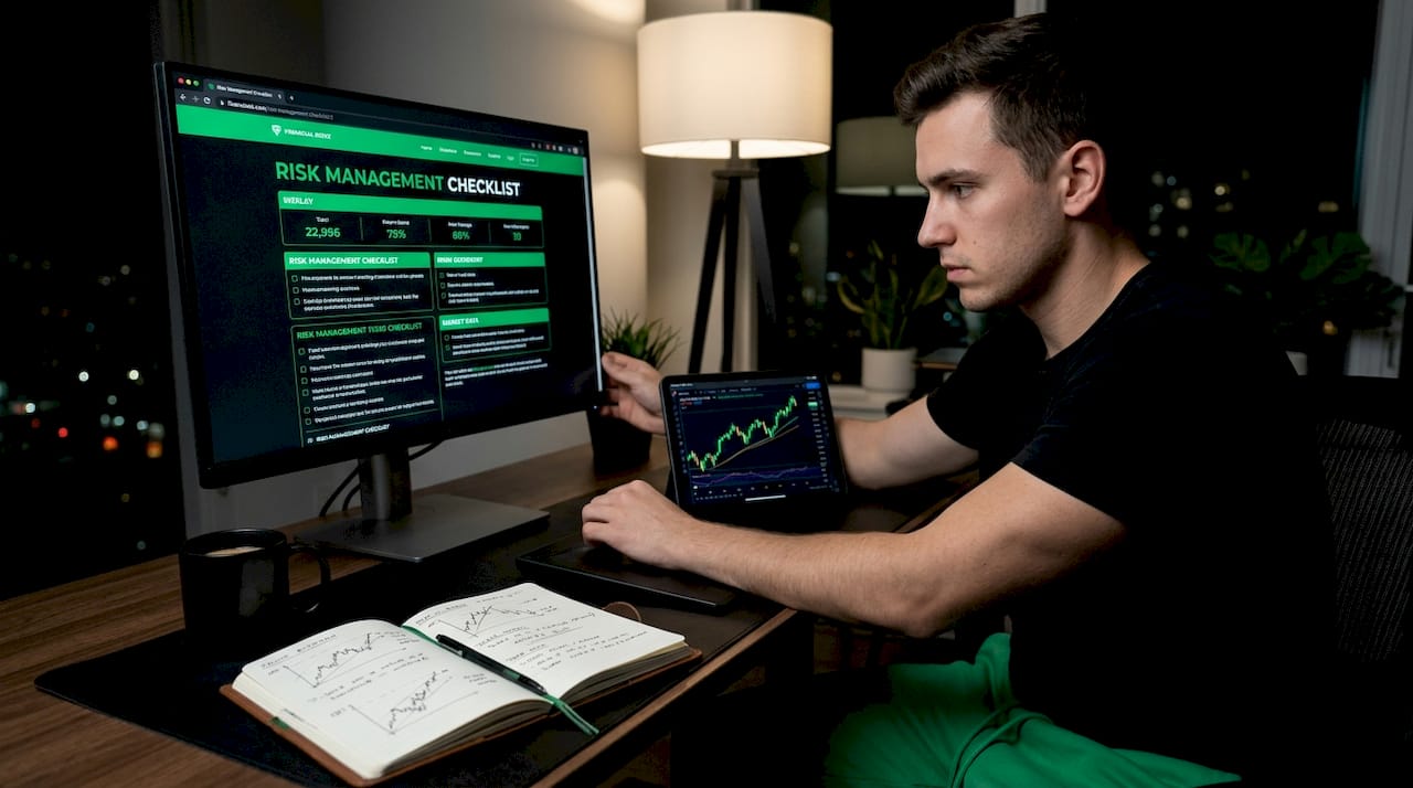 Young trader reviewing risk checklist at desk