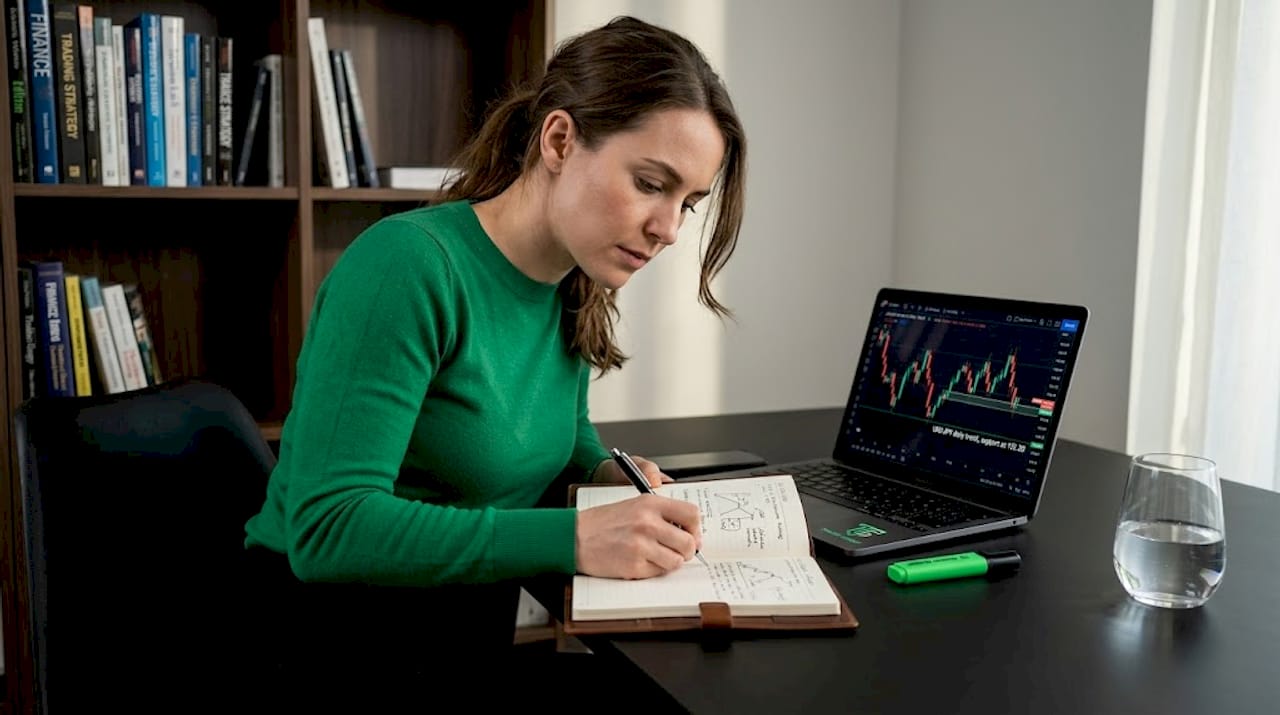 Woman writing trading plan in kitchen journal
