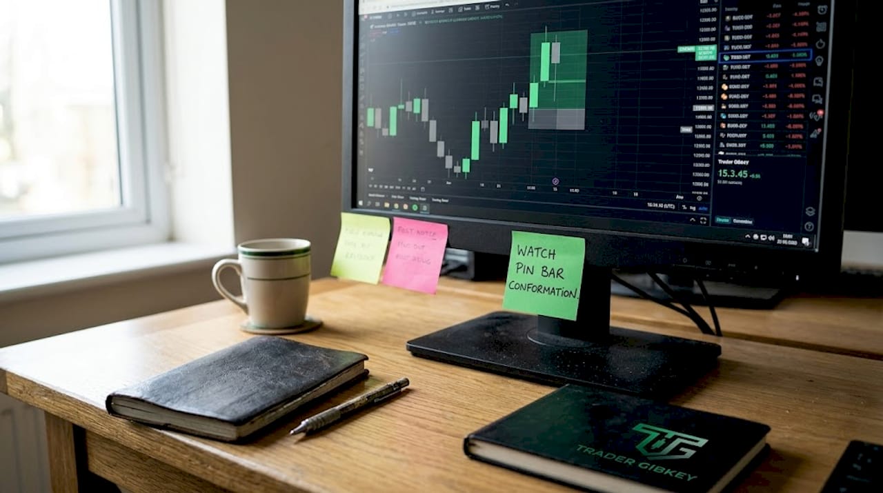 Screen with pin bar candlestick chart and notes