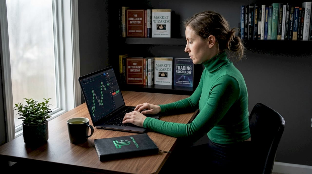 Trader places stop loss on laptop at kitchen table