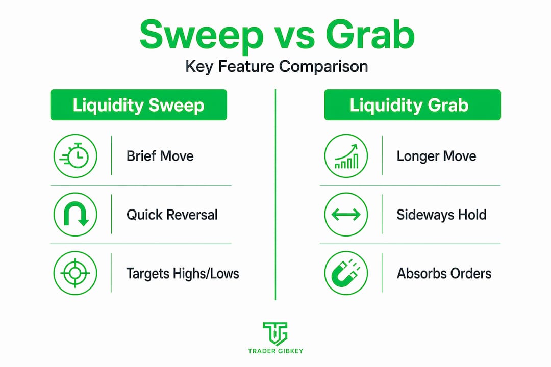 Infographic comparing liquidity sweep and grab features