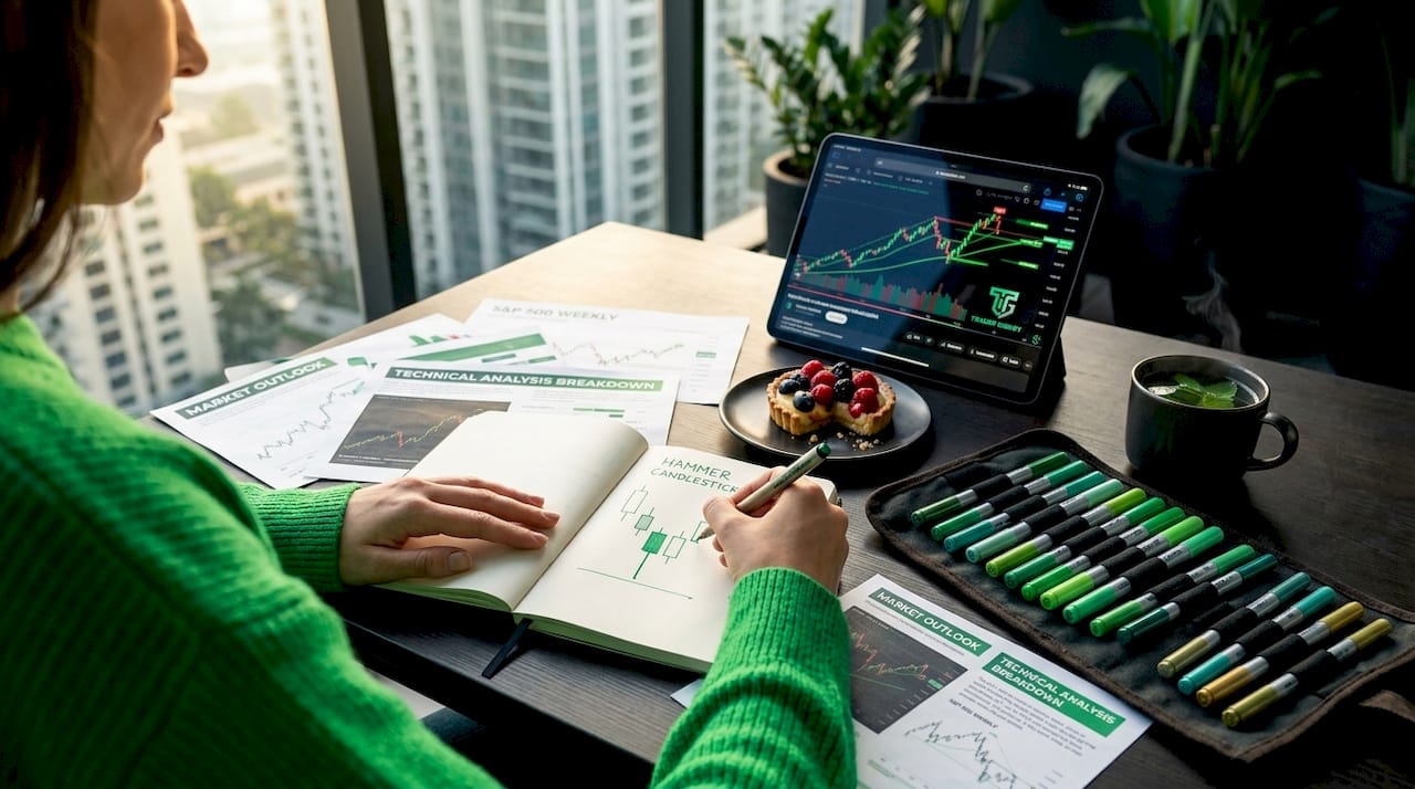 Trader drawing hammer candlestick pattern in notebook